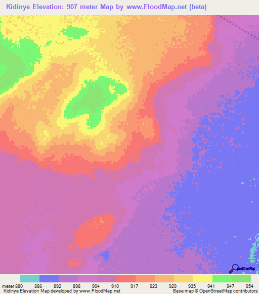 Kidinye,Botswana Elevation Map
