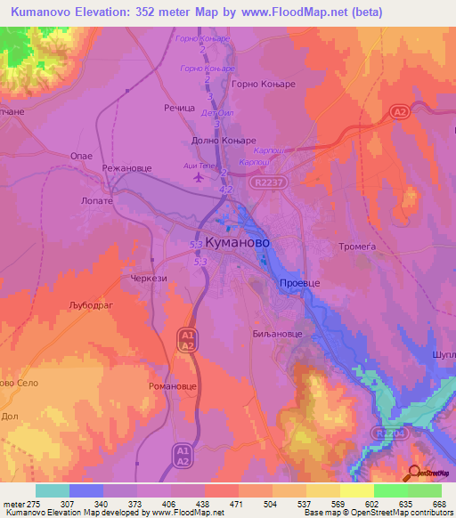 Kumanovo,Macedonia Elevation Map