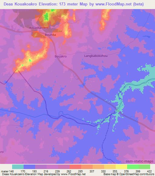 Deaa Kouakoakro,Ivory Coast Elevation Map