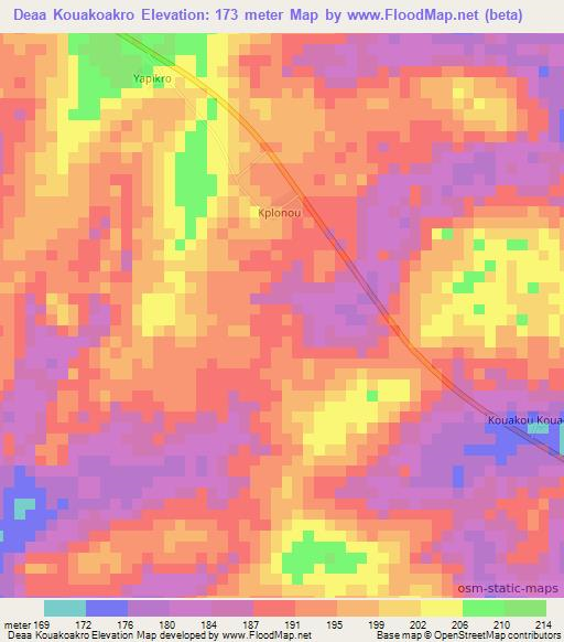 Deaa Kouakoakro,Ivory Coast Elevation Map