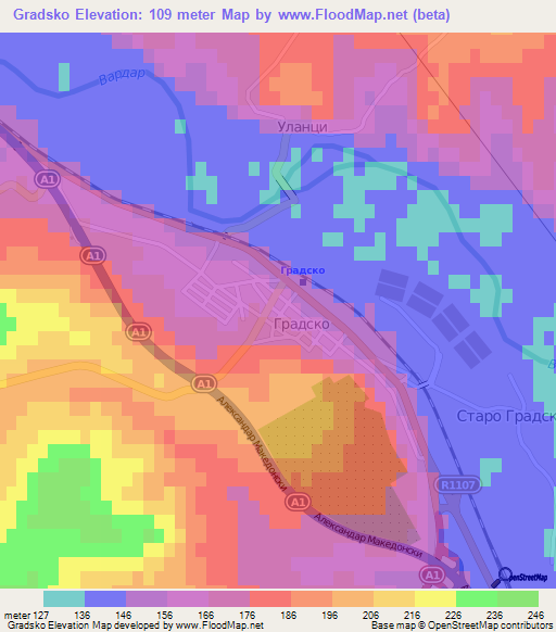 Gradsko,Macedonia Elevation Map