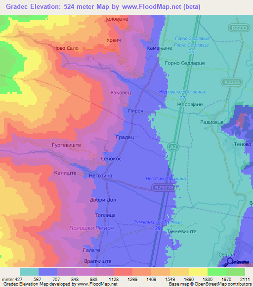 Gradec,Macedonia Elevation Map