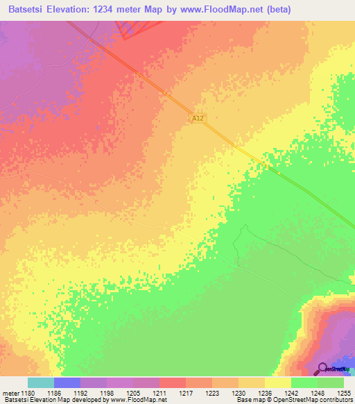 Batsetsi,Botswana Elevation Map