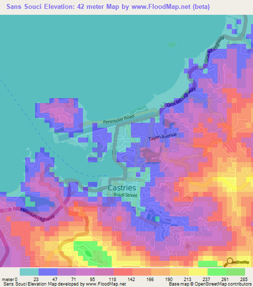 Sans Souci,Saint Lucia Elevation Map