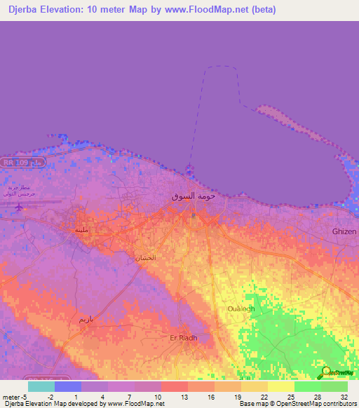 Djerba,Tunisia Elevation Map