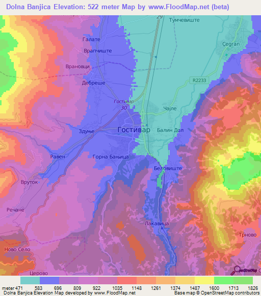 Dolna Banjica,Macedonia Elevation Map