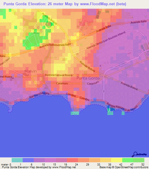 Punta Gorda,Uruguay Elevation Map