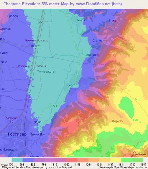 Chegrane,Macedonia Elevation Map