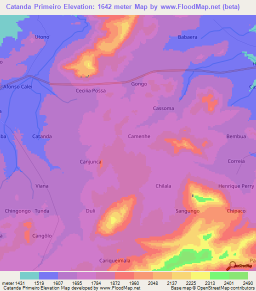 Catanda Primeiro,Angola Elevation Map