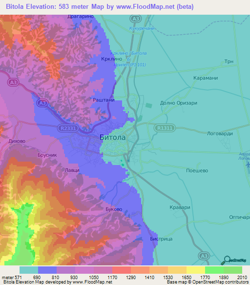 Bitola,Macedonia Elevation Map
