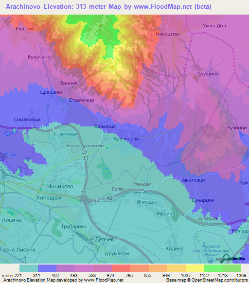 Arachinovo,Macedonia Elevation Map