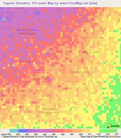 Tugeere,Somalia Elevation Map