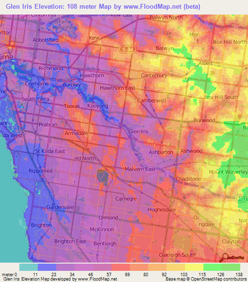 Glen Iris,Australia Elevation Map
