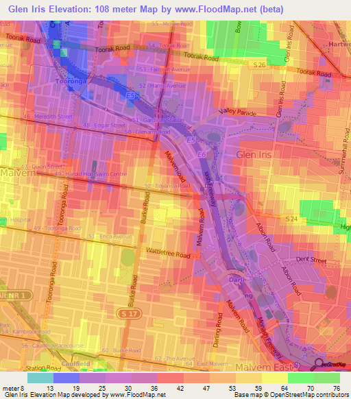 Glen Iris,Australia Elevation Map