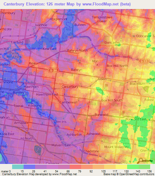 Canterbury,Australia Elevation Map
