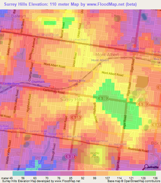 Surrey Hills,Australia Elevation Map