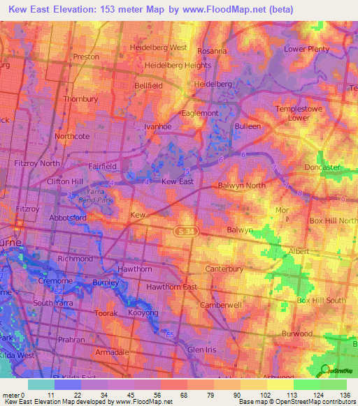 Kew East,Australia Elevation Map