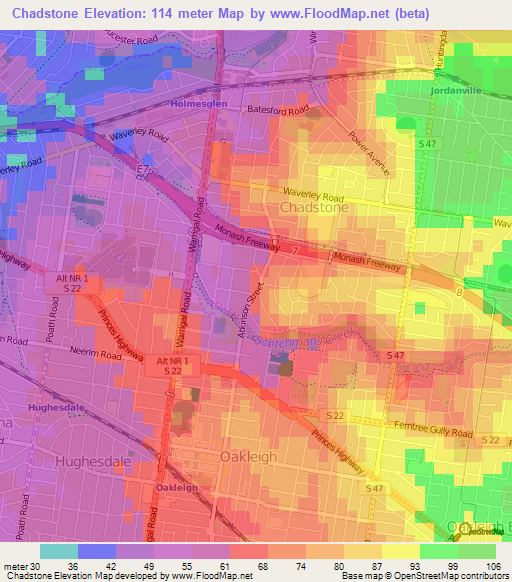 Chadstone,Australia Elevation Map