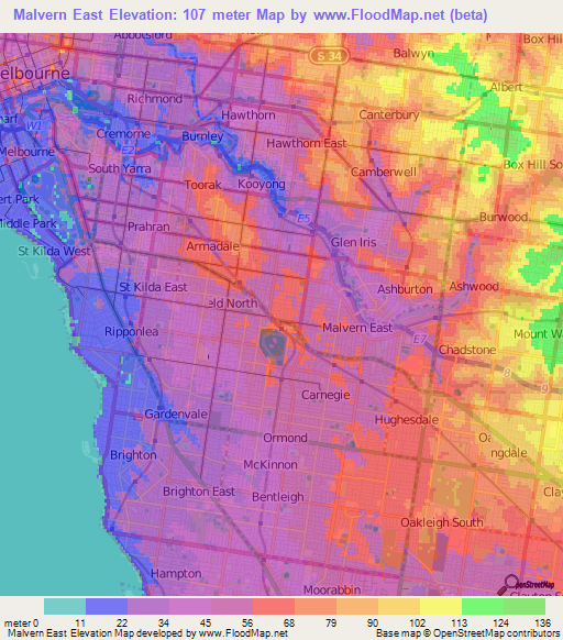 Malvern East,Australia Elevation Map