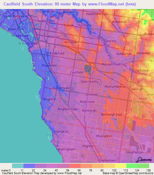 Caulfield South,Australia Elevation Map