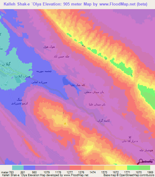 Kalleh Shak-e `Olya,Iran Elevation Map