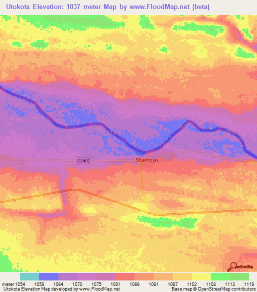 Utokota,Namibia Elevation Map