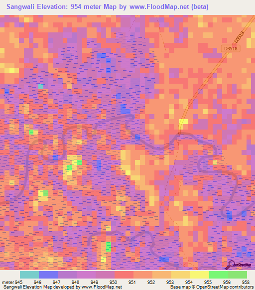Sangwali,Namibia Elevation Map