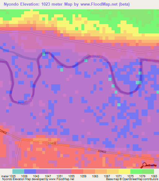 Nyondo,Namibia Elevation Map