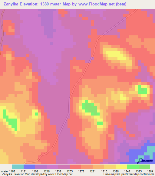 Zanyika,Zimbabwe Elevation Map