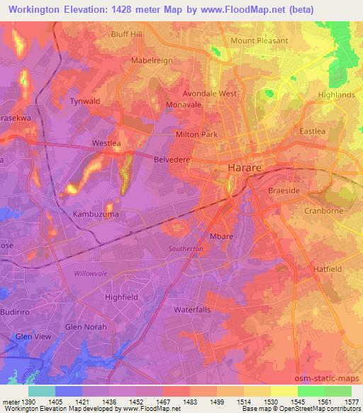 Workington,Zimbabwe Elevation Map