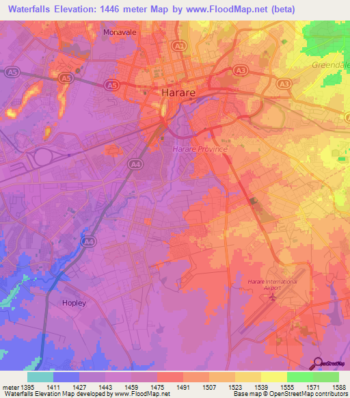 Waterfalls,Zimbabwe Elevation Map