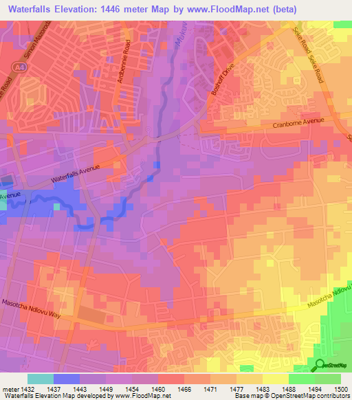 Waterfalls,Zimbabwe Elevation Map