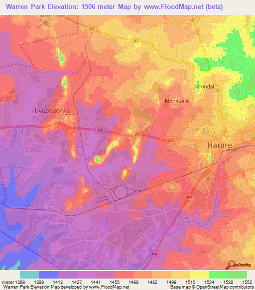 Warren Park,Zimbabwe Elevation Map