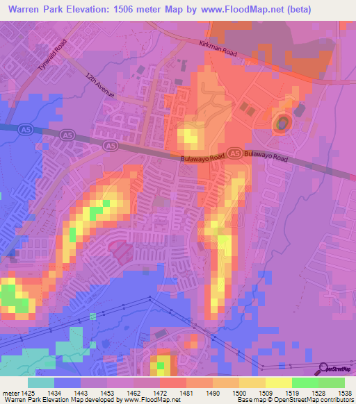 Warren Park,Zimbabwe Elevation Map