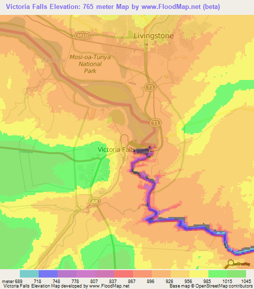 Victoria Falls,Zimbabwe Elevation Map
