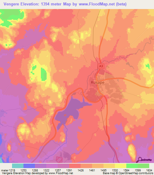 Vengere,Zimbabwe Elevation Map