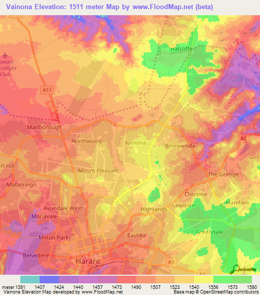 Vainona,Zimbabwe Elevation Map