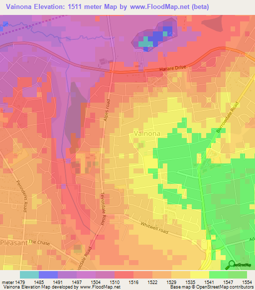 Vainona,Zimbabwe Elevation Map