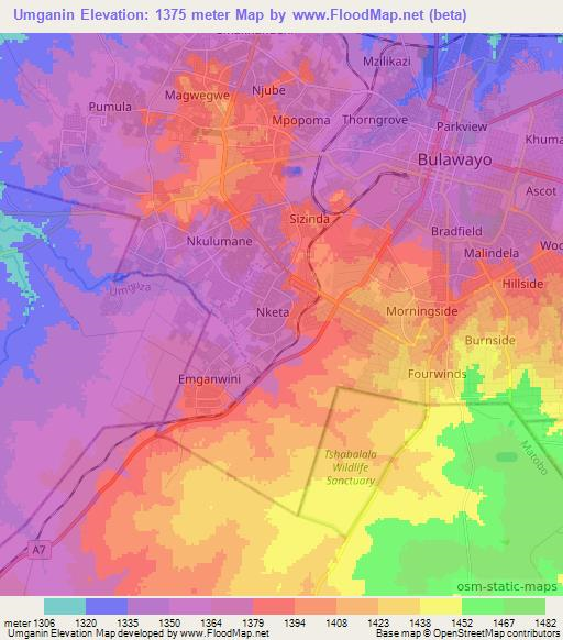 Umganin,Zimbabwe Elevation Map