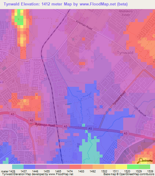 Tynwald,Zimbabwe Elevation Map