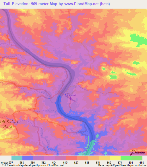 Tuli,Zimbabwe Elevation Map