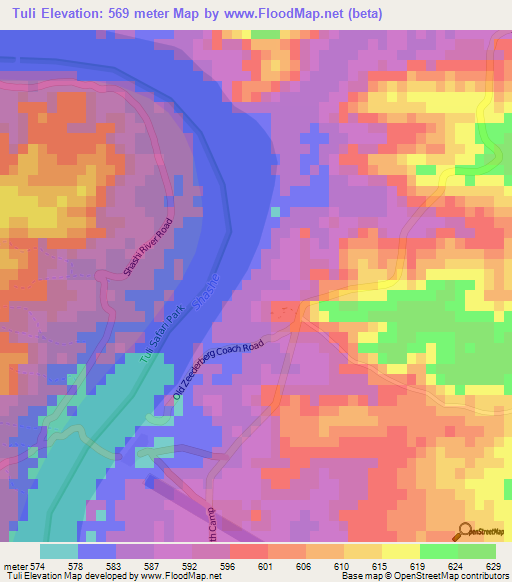Tuli,Zimbabwe Elevation Map