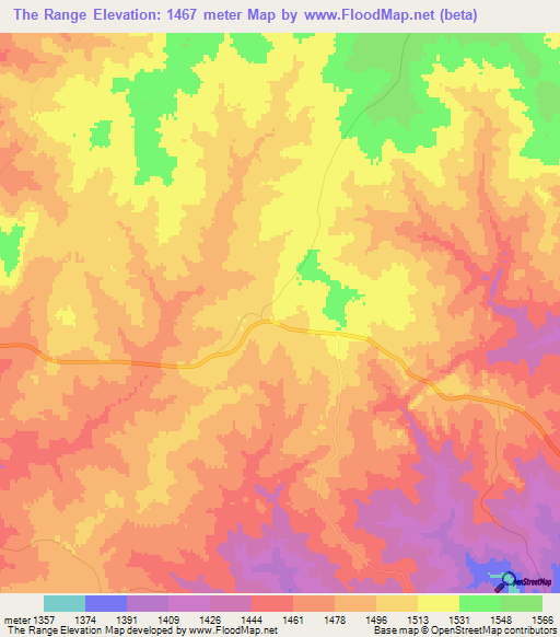 The Range,Zimbabwe Elevation Map