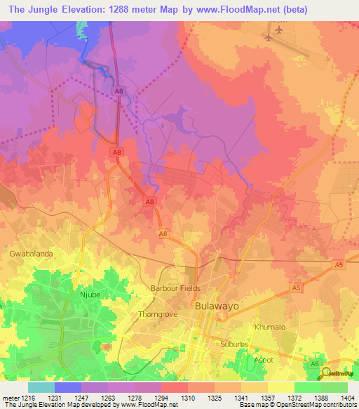 The Jungle,Zimbabwe Elevation Map