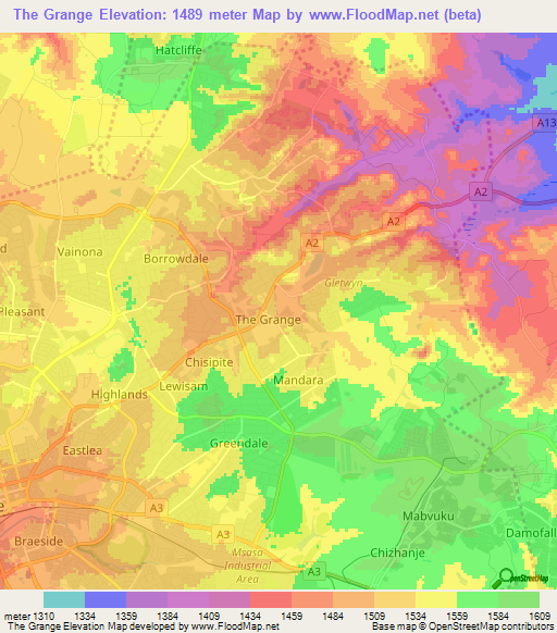 The Grange,Zimbabwe Elevation Map