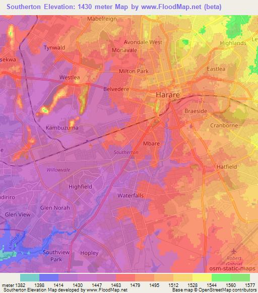 Southerton,Zimbabwe Elevation Map