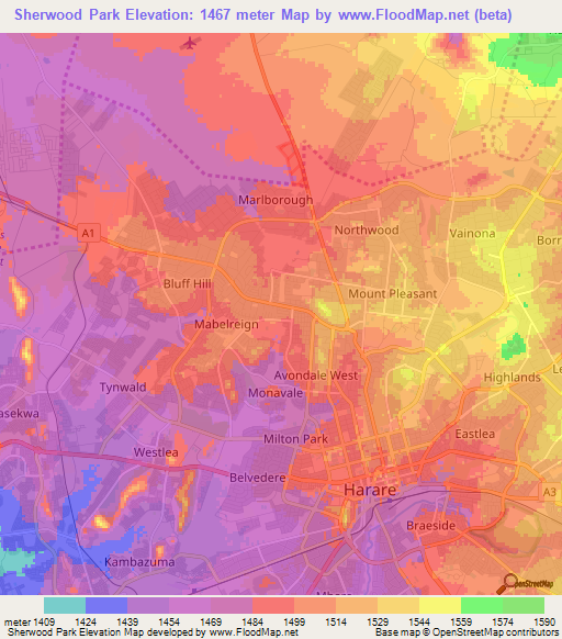Sherwood Park,Zimbabwe Elevation Map
