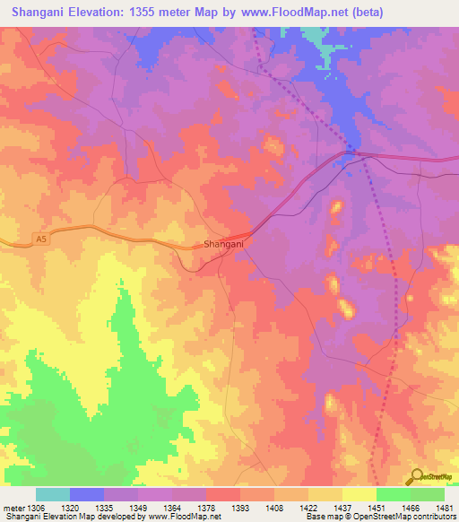 Shangani,Zimbabwe Elevation Map