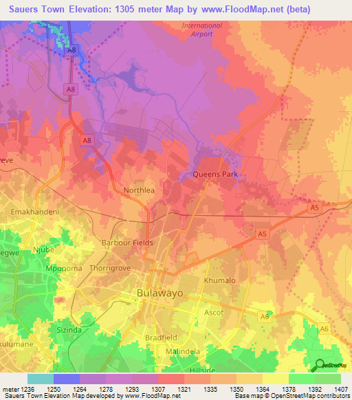 Sauers Town,Zimbabwe Elevation Map