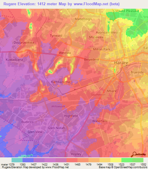 Rugare,Zimbabwe Elevation Map